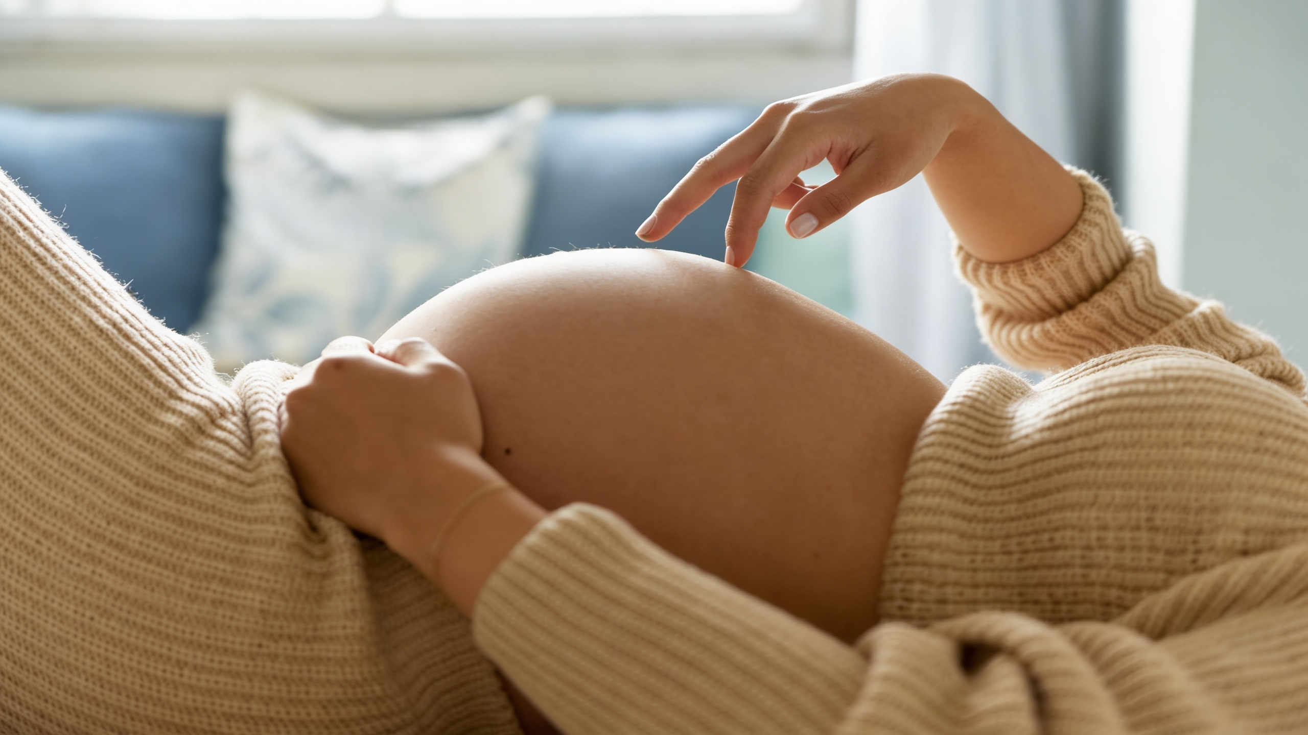 Schwangere Frau hält liebevoll ihren Babybauch
