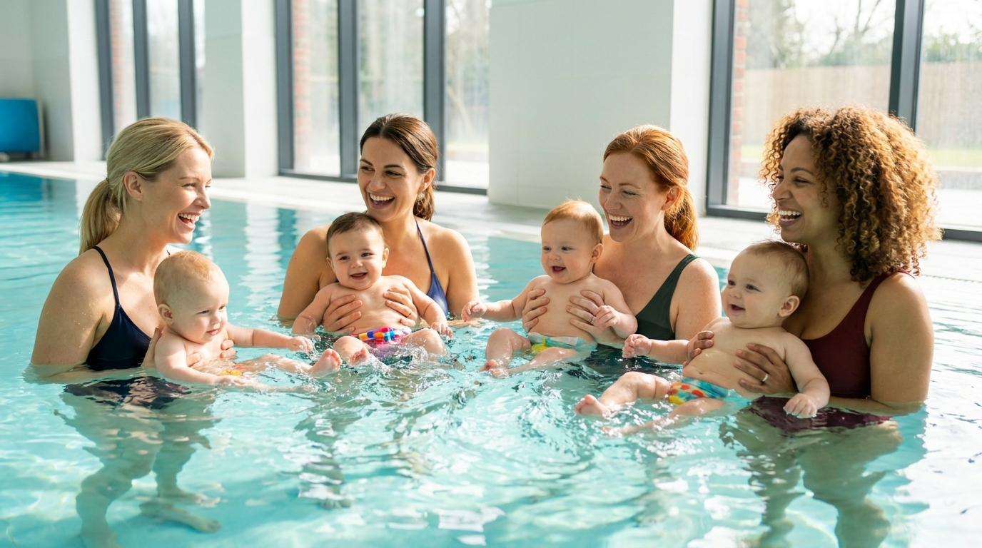 Mütter mit ihren Babys beim gemeinsamen Babyschwimmkurs