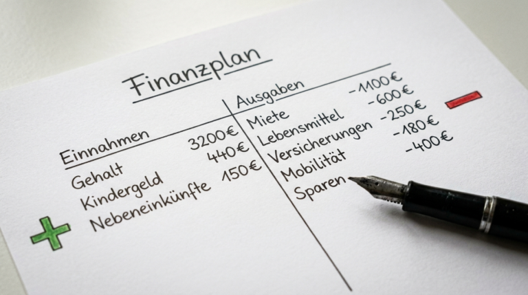 Handgeschriebener Familienfinanzplan mit Einnahmen und Ausgaben, Füllfederhalter liegt daneben
