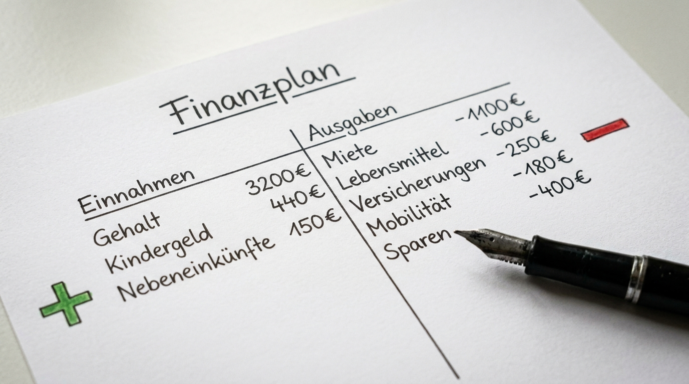 Handgeschriebener Familienfinanzplan mit Einnahmen und Ausgaben, Füllfederhalter liegt daneben