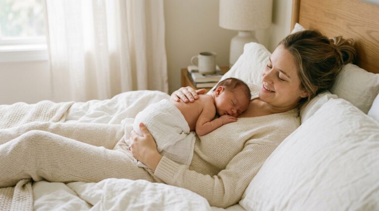 Wochenbett vorbereiten – Mutter liegt mit Neugeborenem im Bett