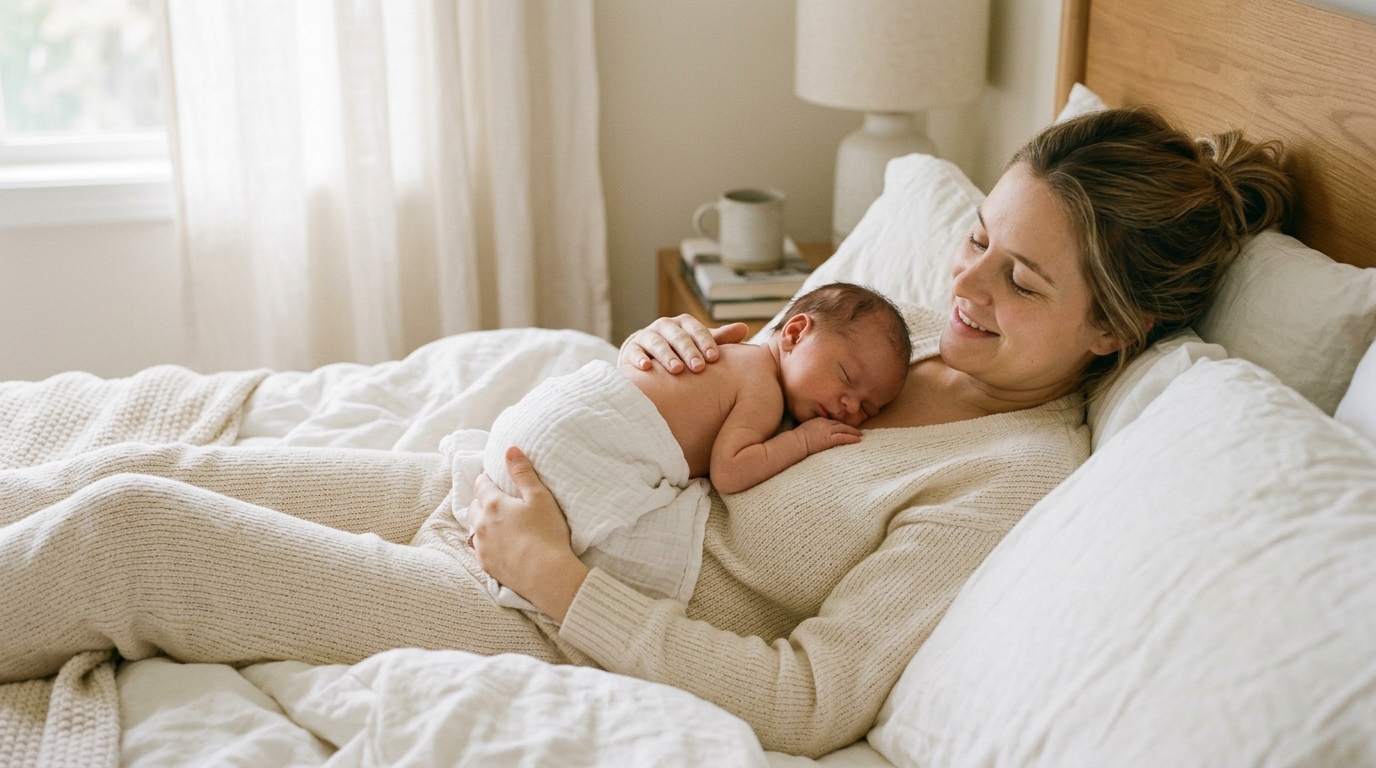 Wochenbett vorbereiten – Mutter liegt mit Neugeborenem im Bett