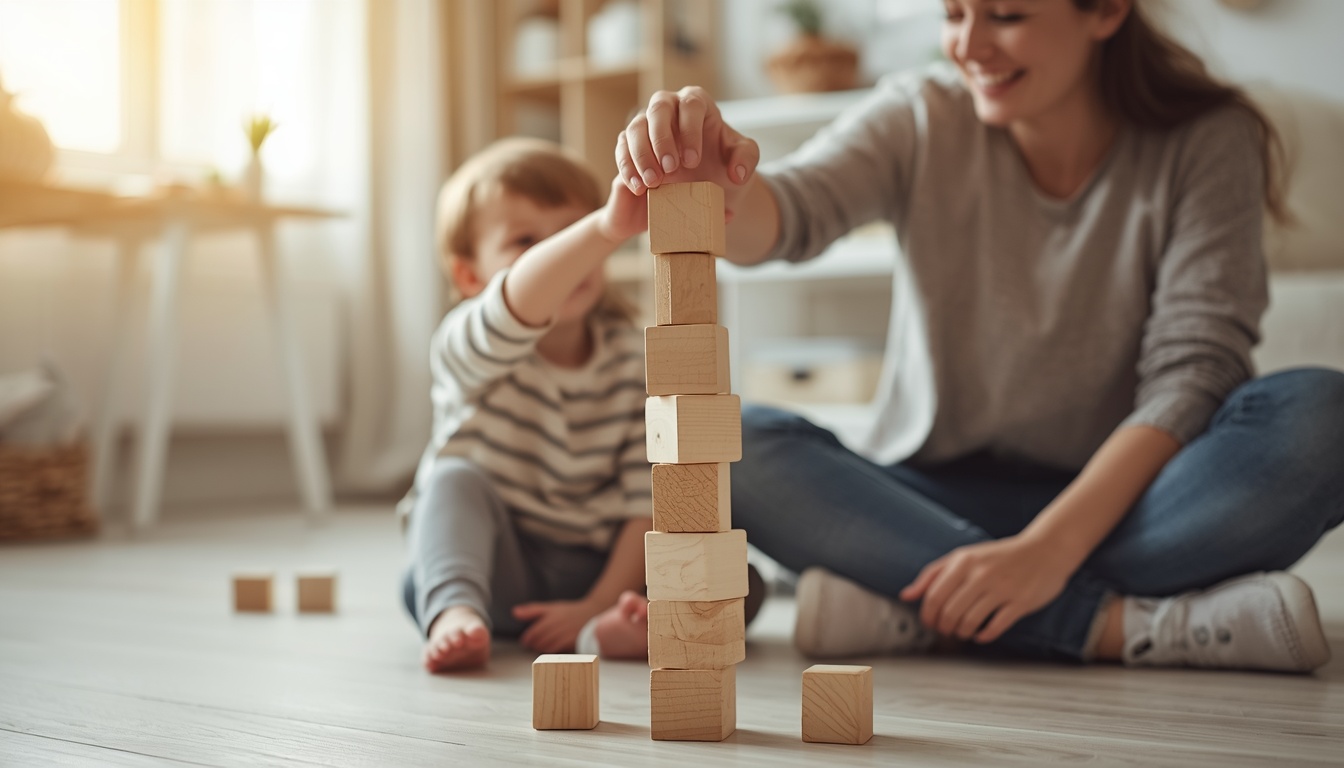 Familie stapelt Bausteine als Symbol für das Gleichgewicht zwischen Einkommen, Vermögen und Cashflow
