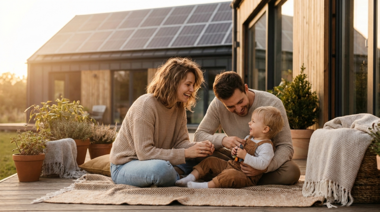 Familie vor Haus mit Solaranlage als Symbol für aktives und passives Einkommen
